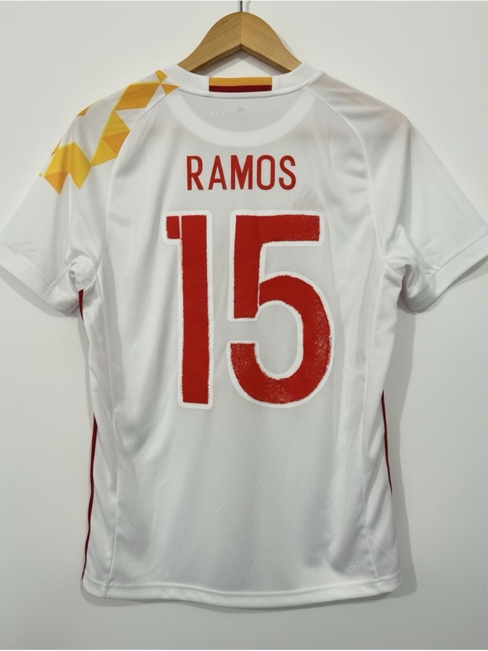 Spain 2015-2016 Sergio Ramos Embroidered White & Red Away Adidas Jersey L
